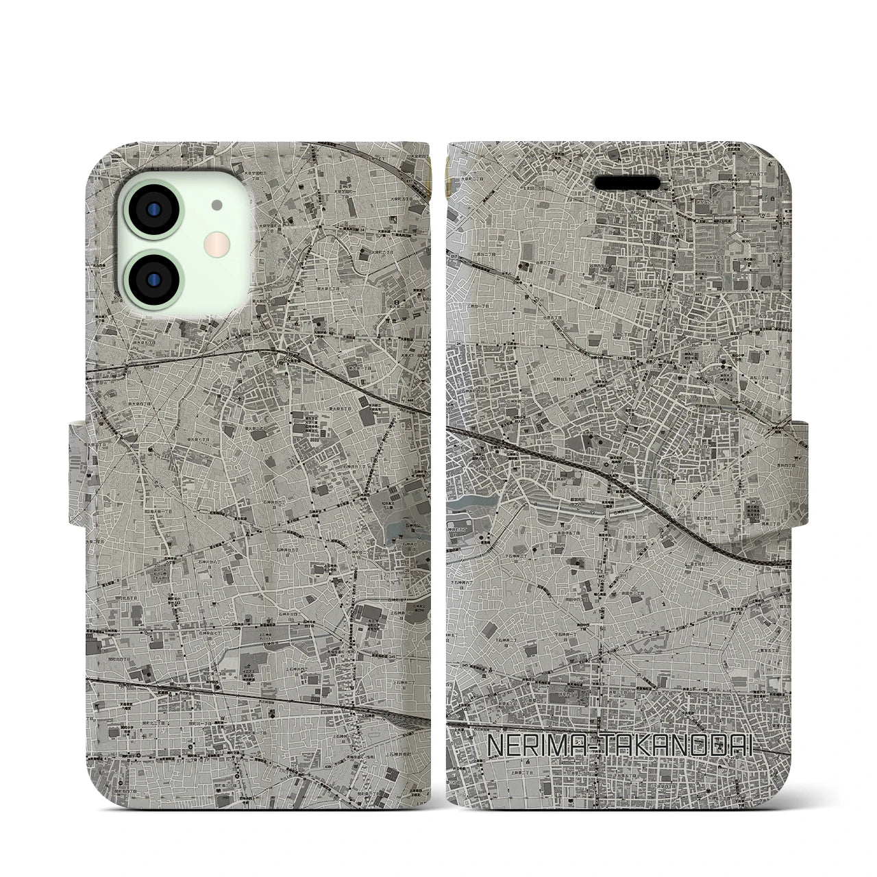 【練馬高野台(東京都)】地図柄iPhoneケース(手帳タイプ)モノトーン・iPhone 12 mini 用