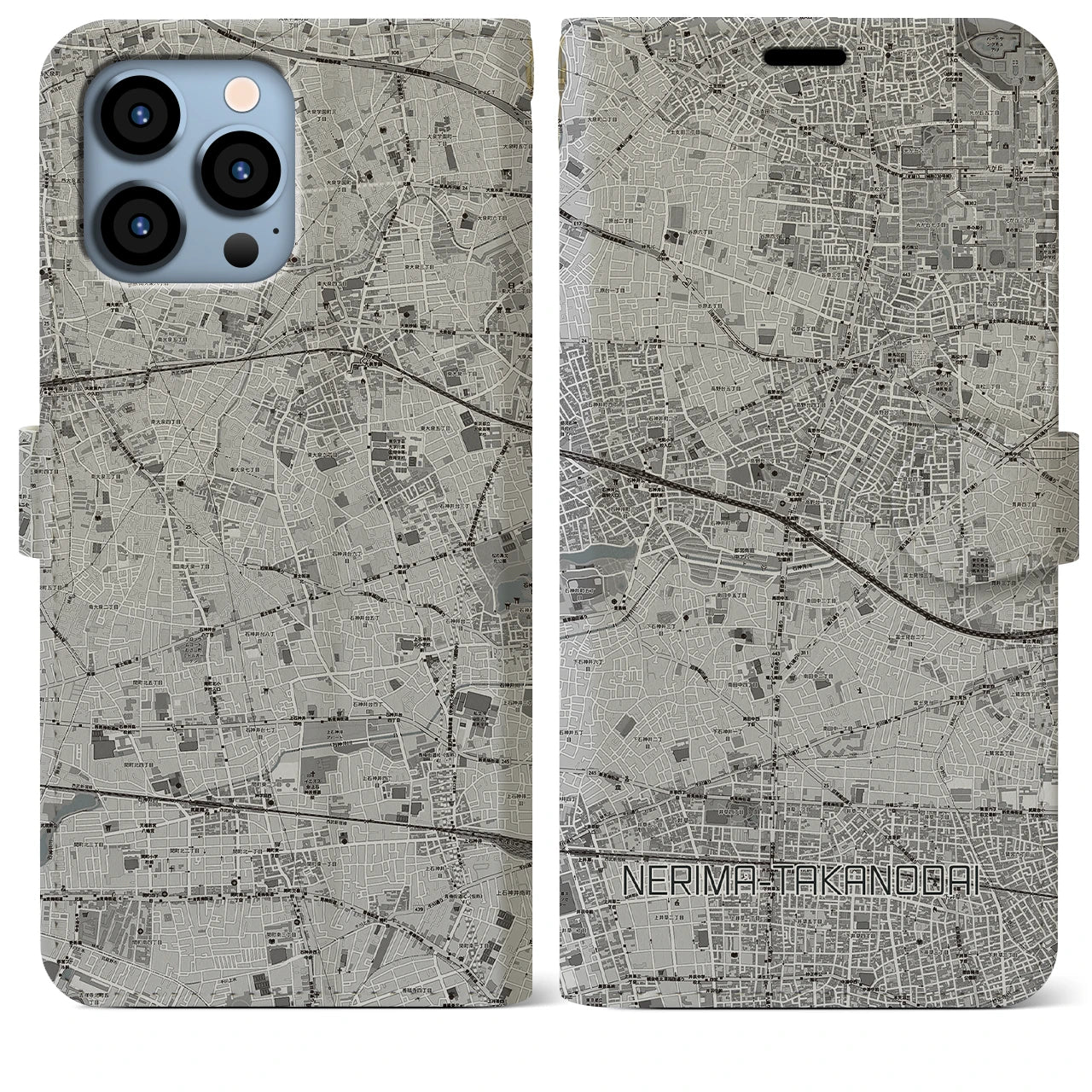 【練馬高野台(東京都)】地図柄iPhoneケース(手帳タイプ)モノトーン・iPhone 13 Pro Max 用