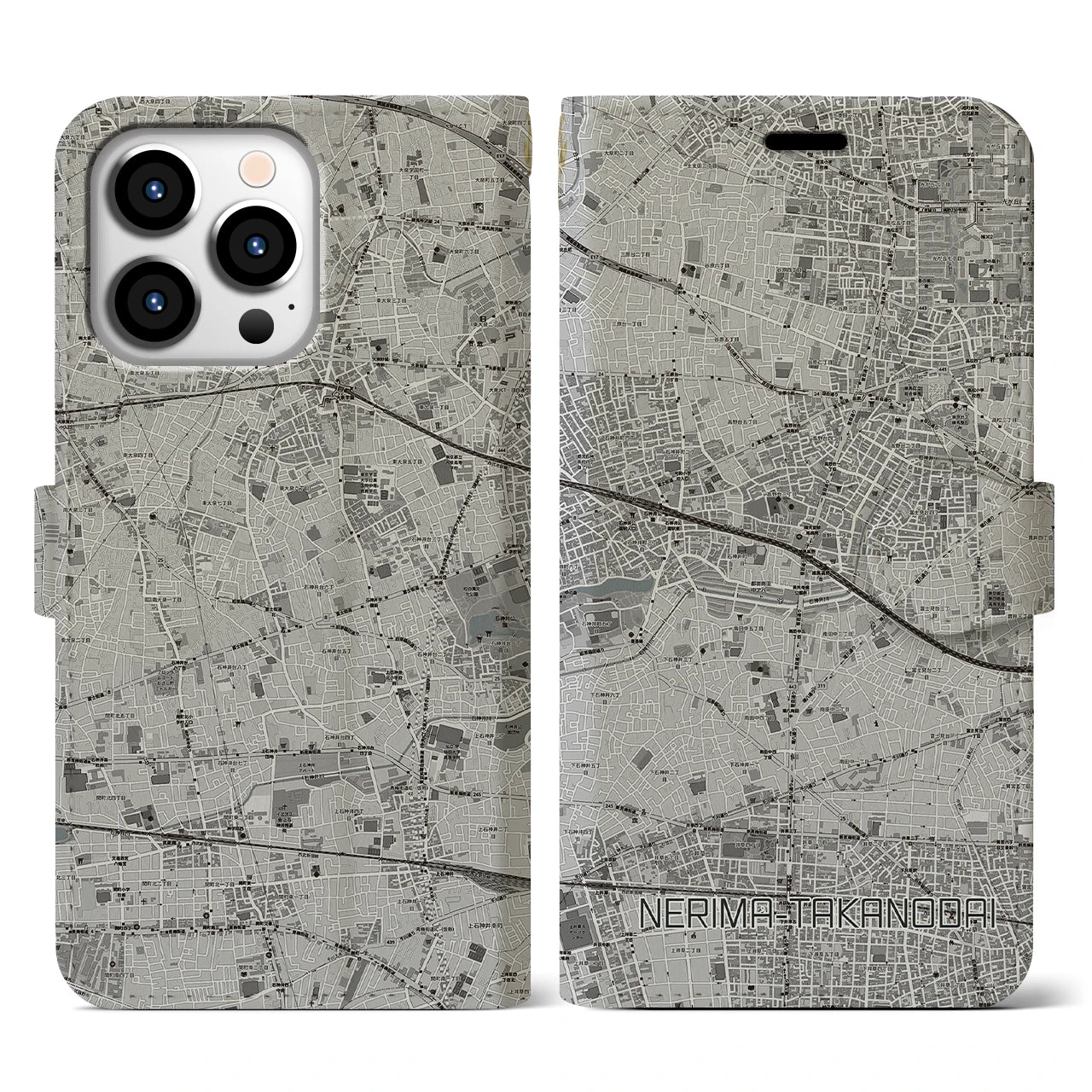 【練馬高野台(東京都)】地図柄iPhoneケース(手帳タイプ)モノトーン・iPhone 13 Pro 用