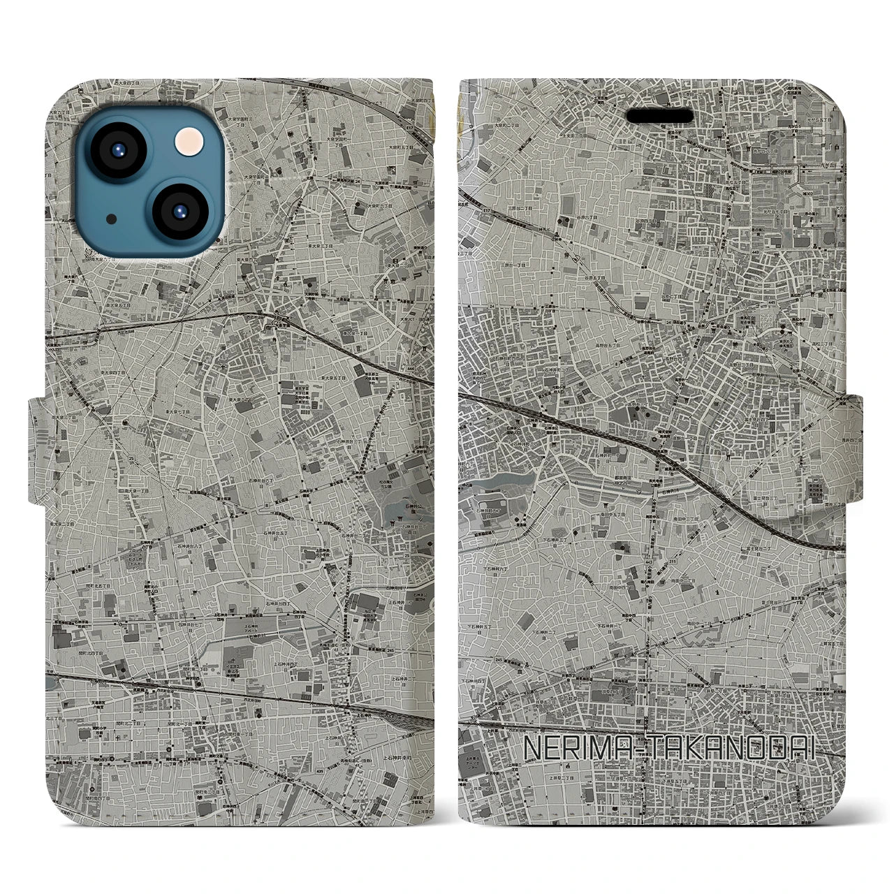 【練馬高野台(東京都)】地図柄iPhoneケース(手帳タイプ)モノトーン・iPhone 13 用