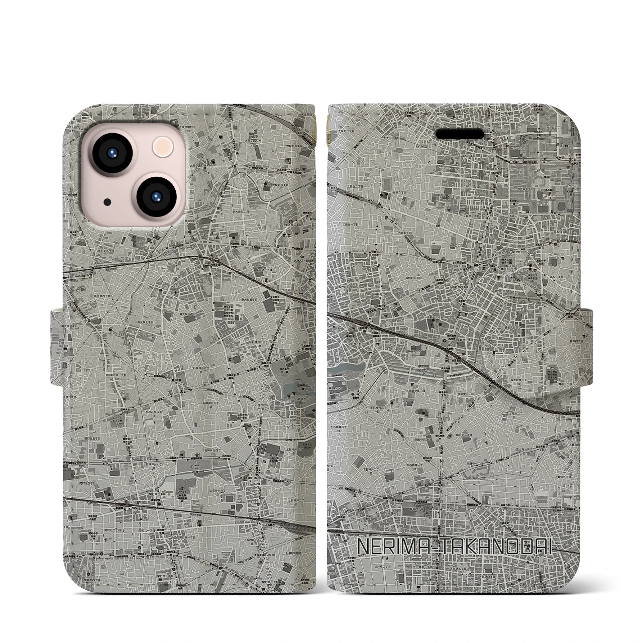 【練馬高野台(東京都)】地図柄iPhoneケース(手帳タイプ)モノトーン・iPhone 13 mini 用