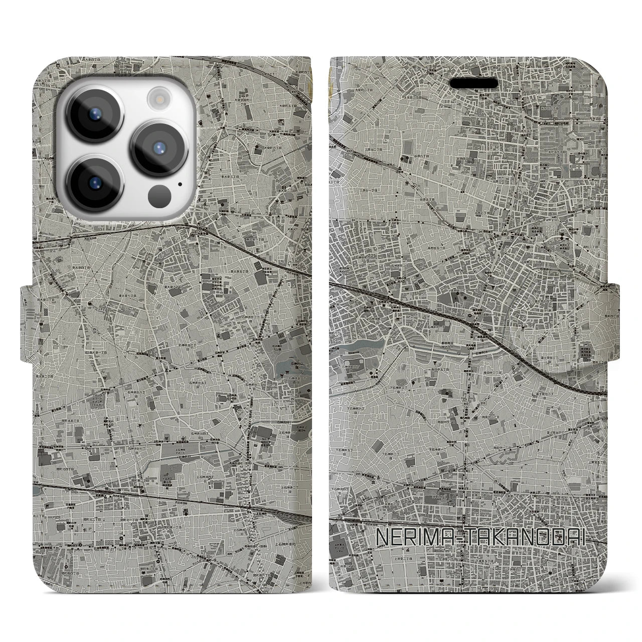 【練馬高野台(東京都)】地図柄iPhoneケース(手帳タイプ)モノトーン・iPhone 14 Pro 用