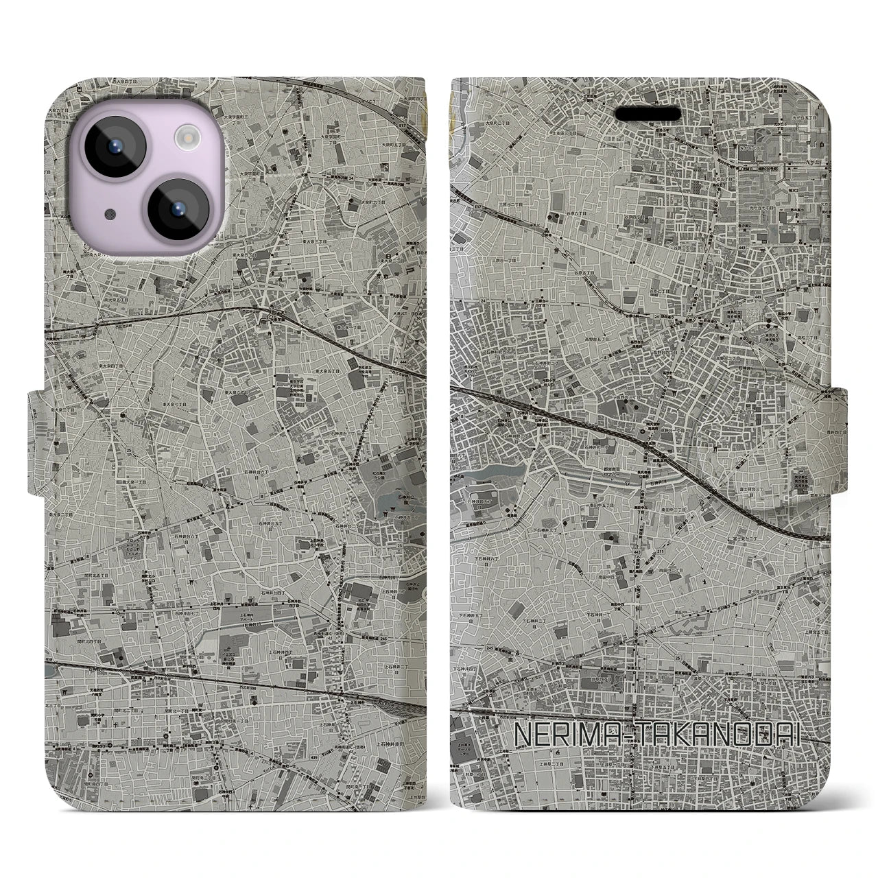 【練馬高野台(東京都)】地図柄iPhoneケース(手帳タイプ)モノトーン・iPhone 14 用