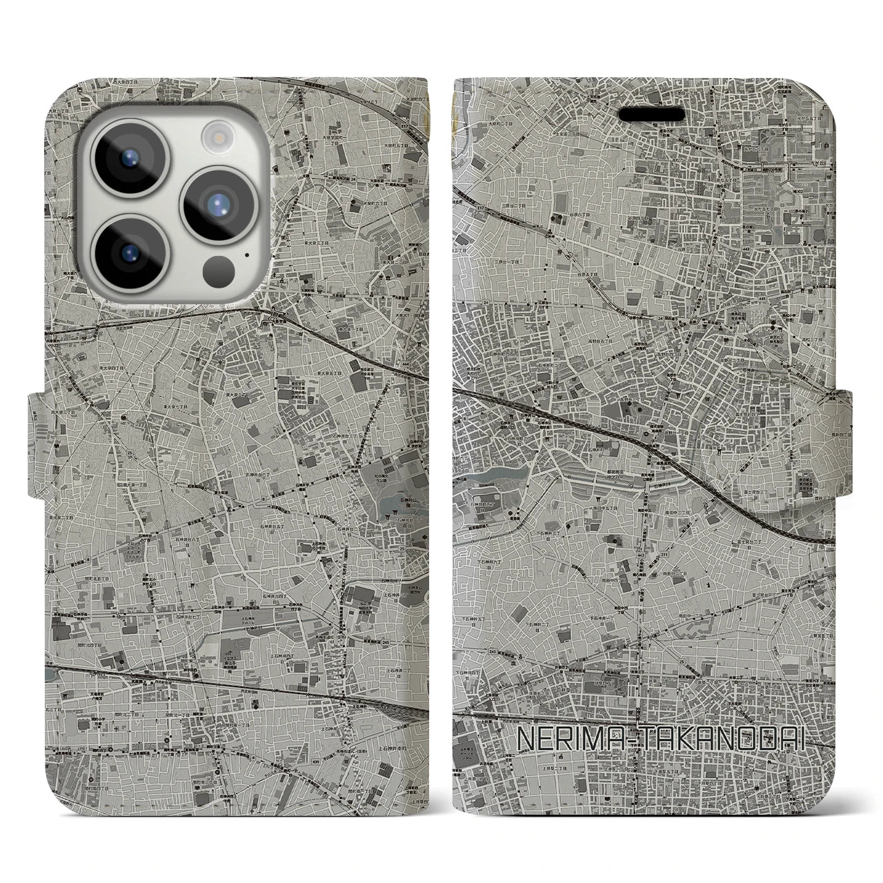 【練馬高野台(東京都)】地図柄iPhoneケース(手帳タイプ)モノトーン・iPhone 15 Pro 用