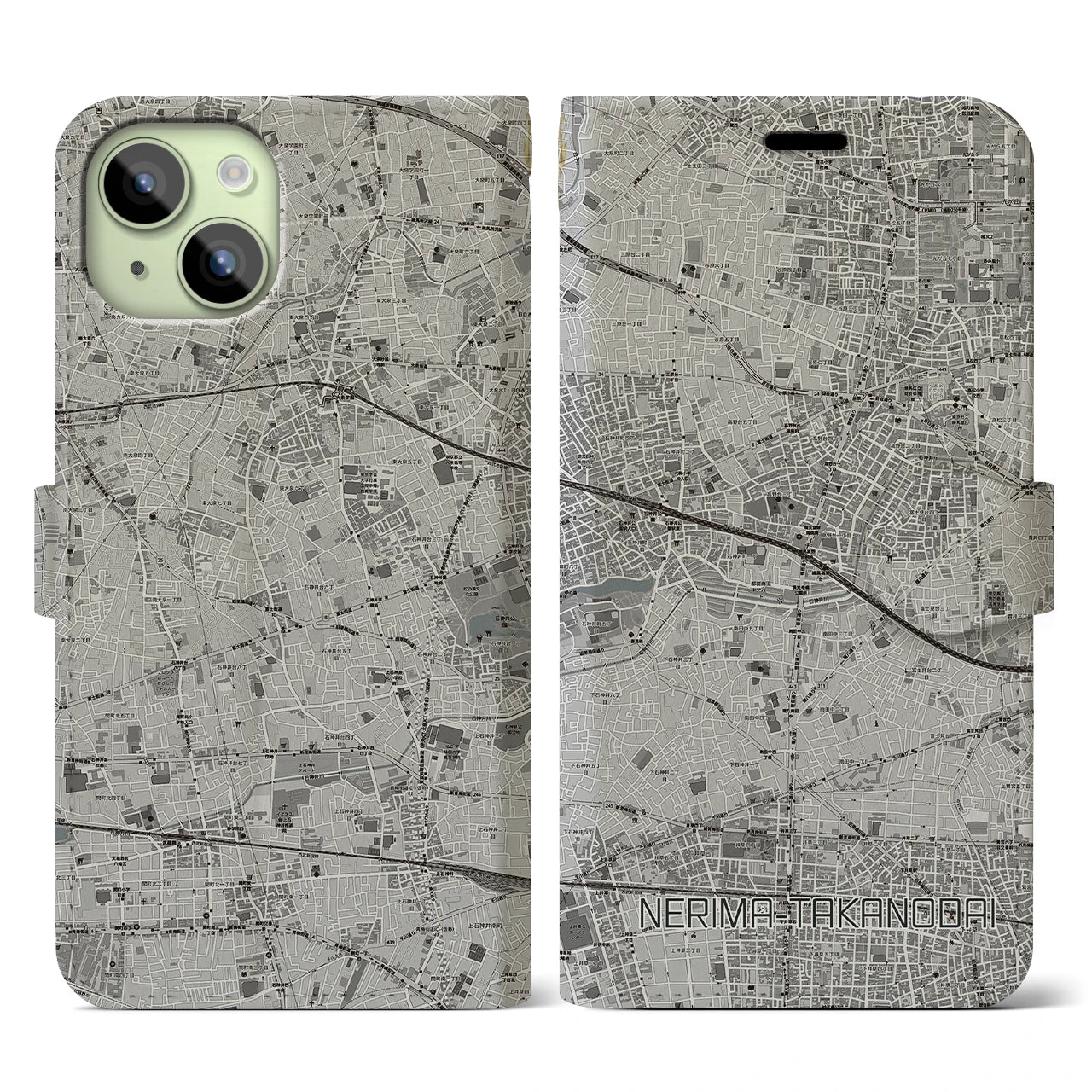 【練馬高野台(東京都)】地図柄iPhoneケース(手帳タイプ)モノトーン・iPhone 15 用