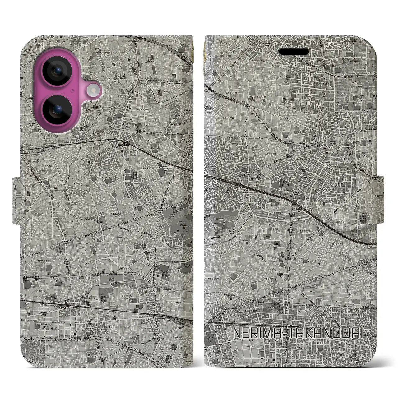 【練馬高野台(東京都)】地図柄iPhoneケース(手帳タイプ)モノトーン・iPhone 16 Pro 用