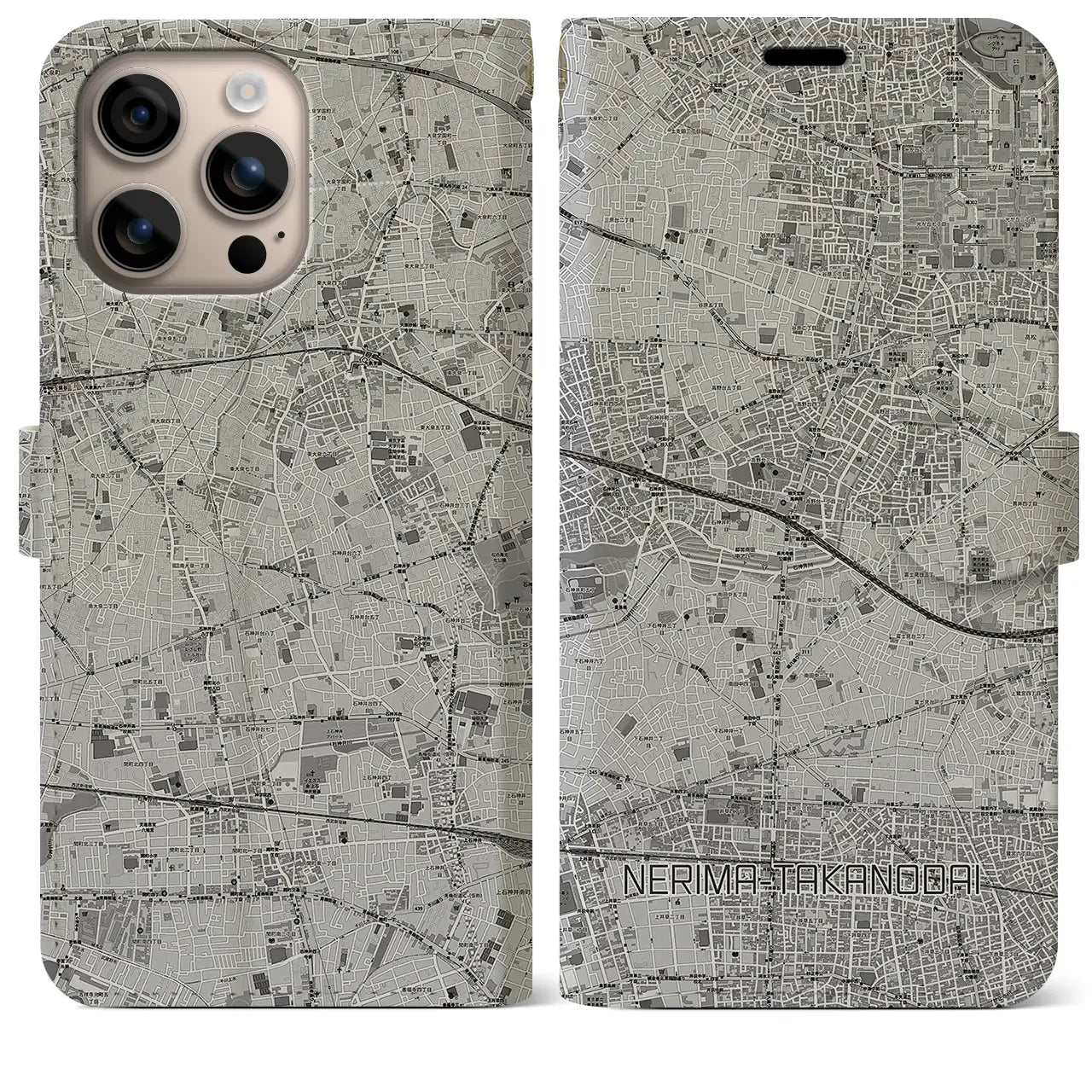 【練馬高野台(東京都)】地図柄iPhoneケース(手帳タイプ)モノトーン・iPhone 16 Plus 用