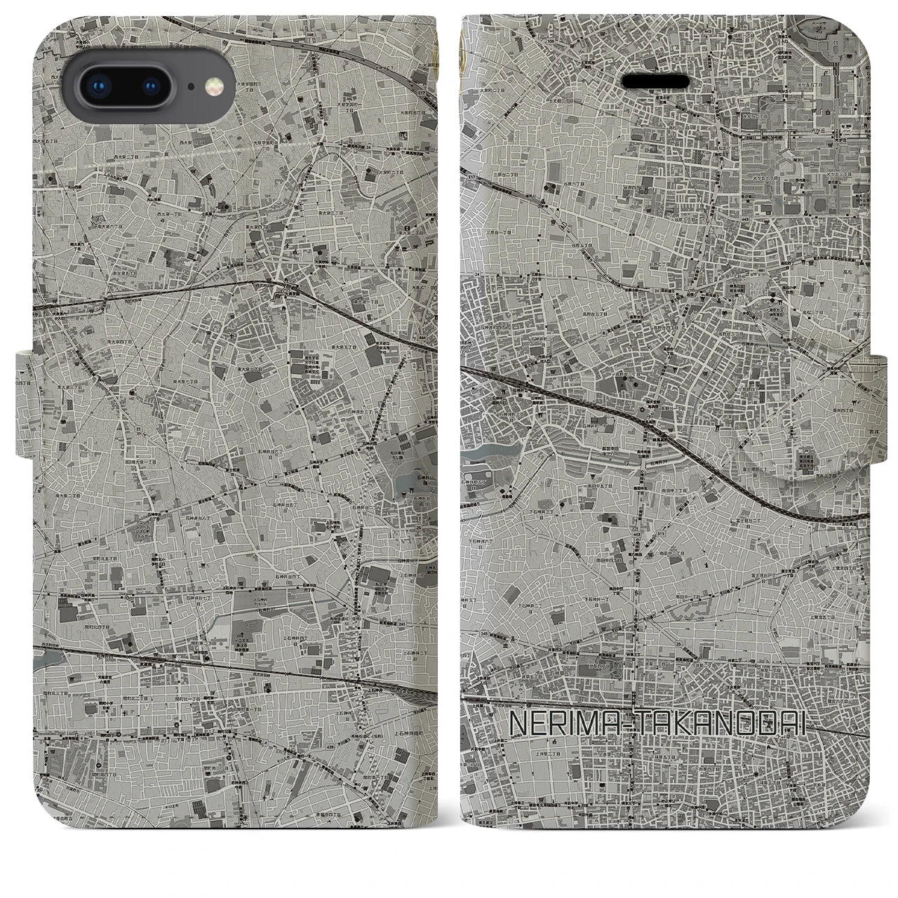 【練馬高野台(東京都)】地図柄iPhoneケース(手帳タイプ)モノトーン・iPhone 8Plus /7Plus / 6sPlus / 6Plus 用