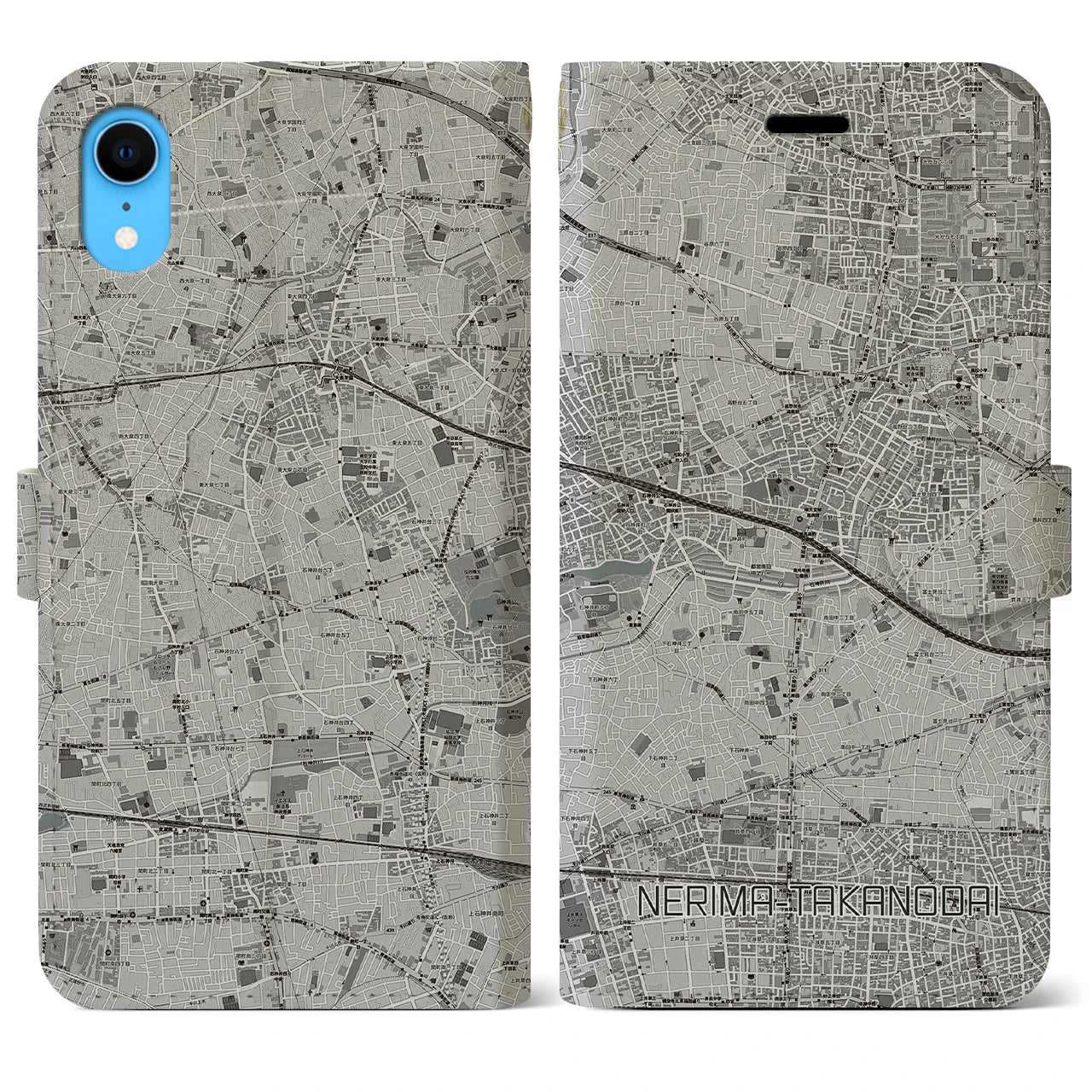 【練馬高野台(東京都)】地図柄iPhoneケース(手帳タイプ)モノトーン・iPhone XR 用