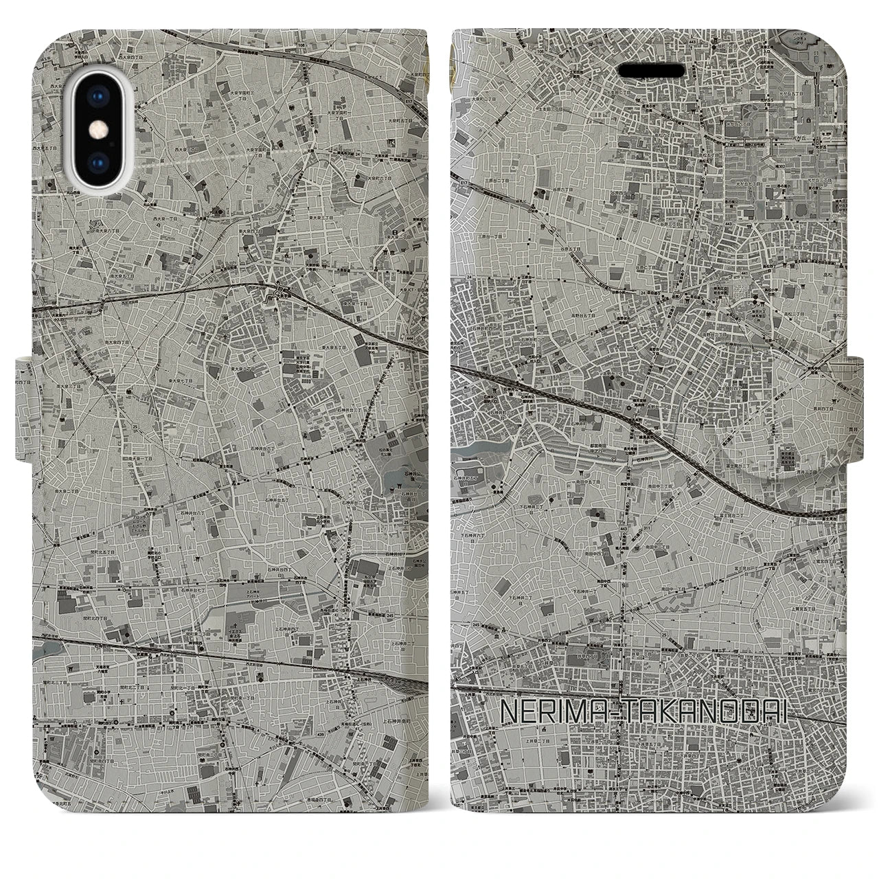 【練馬高野台(東京都)】地図柄iPhoneケース(手帳タイプ)モノトーン・iPhone XS Max 用
