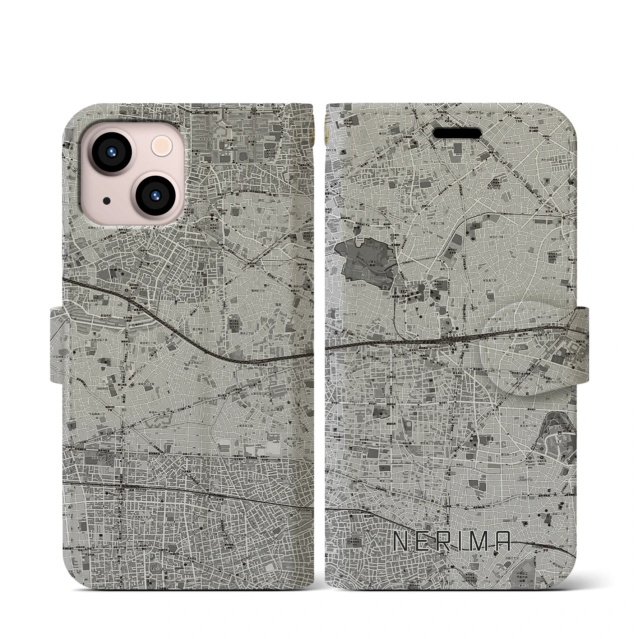 【練馬(東京都)】地図柄iPhoneケース(手帳タイプ)モノトーン・iPhone 13 mini 用