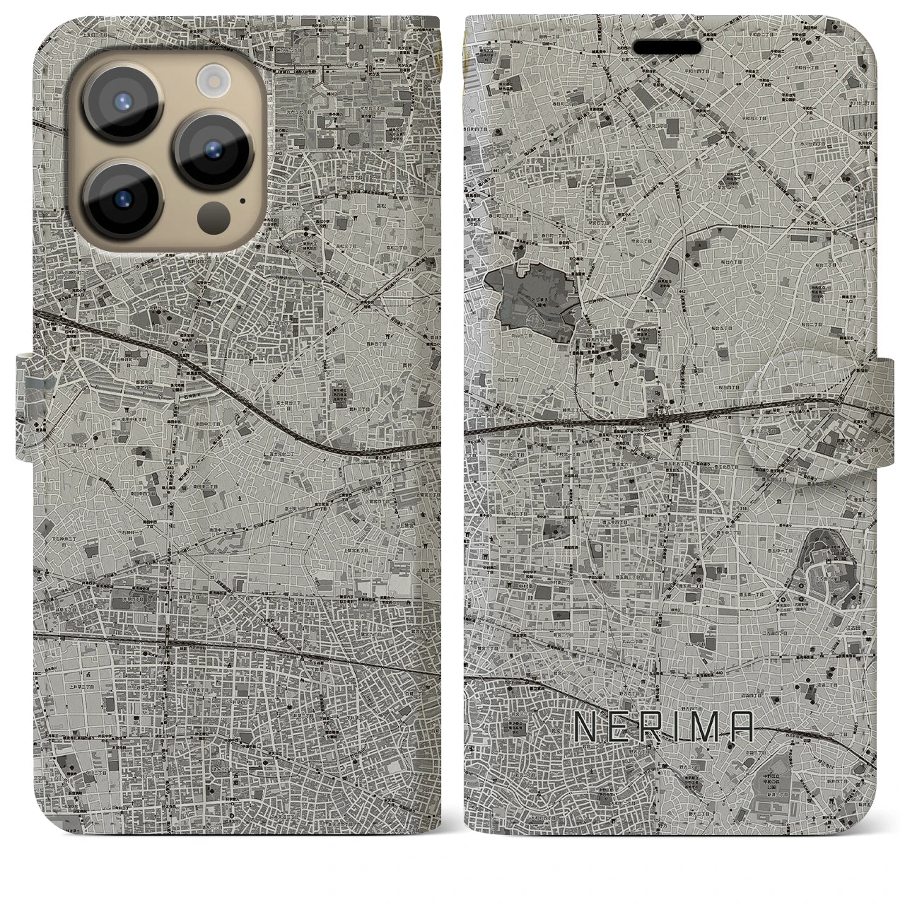 【練馬(東京都)】地図柄iPhoneケース(手帳タイプ)モノトーン・iPhone 14 Pro Max 用