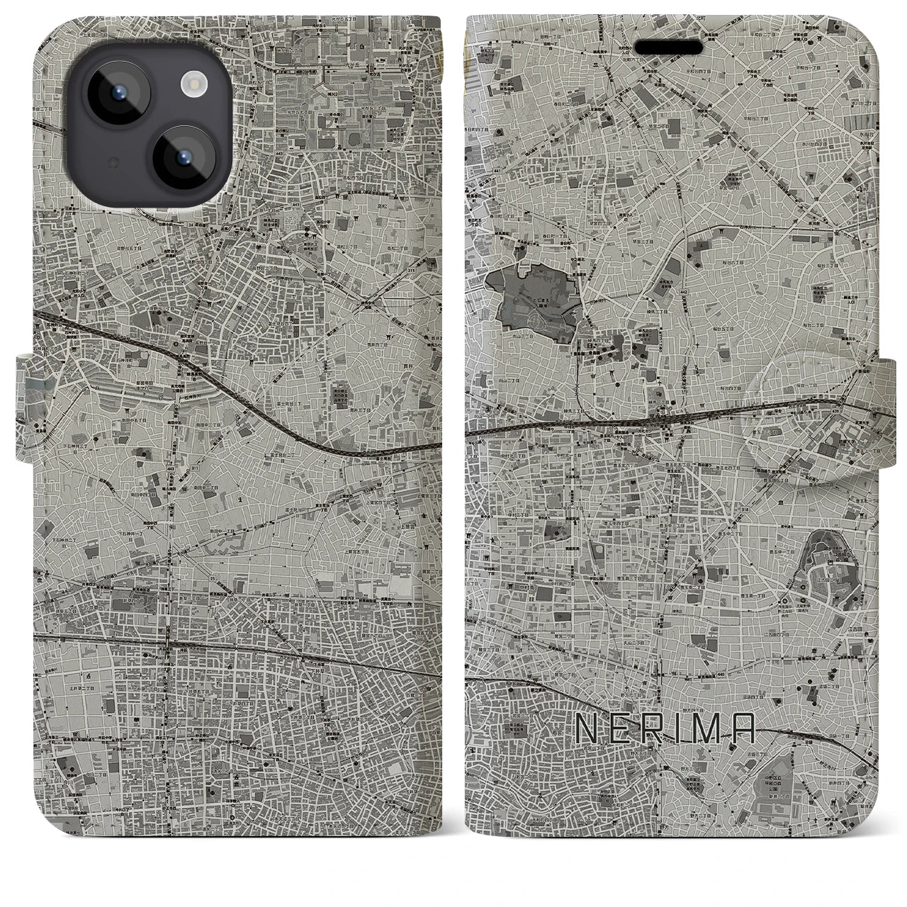 【練馬(東京都)】地図柄iPhoneケース(手帳タイプ)モノトーン・iPhone 14 Plus 用