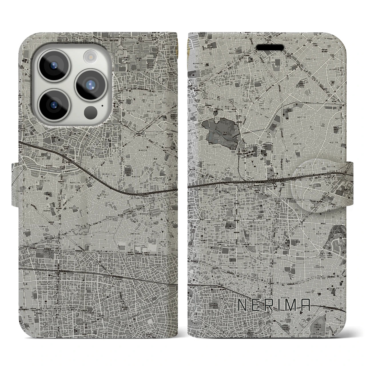 【練馬(東京都)】地図柄iPhoneケース(手帳タイプ)モノトーン・iPhone 15 Pro 用