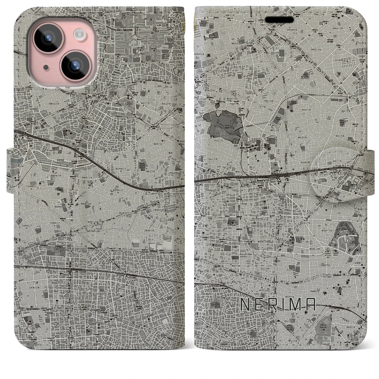 【練馬(東京都)】地図柄iPhoneケース(手帳タイプ)モノトーン・iPhone 15 Plus 用
