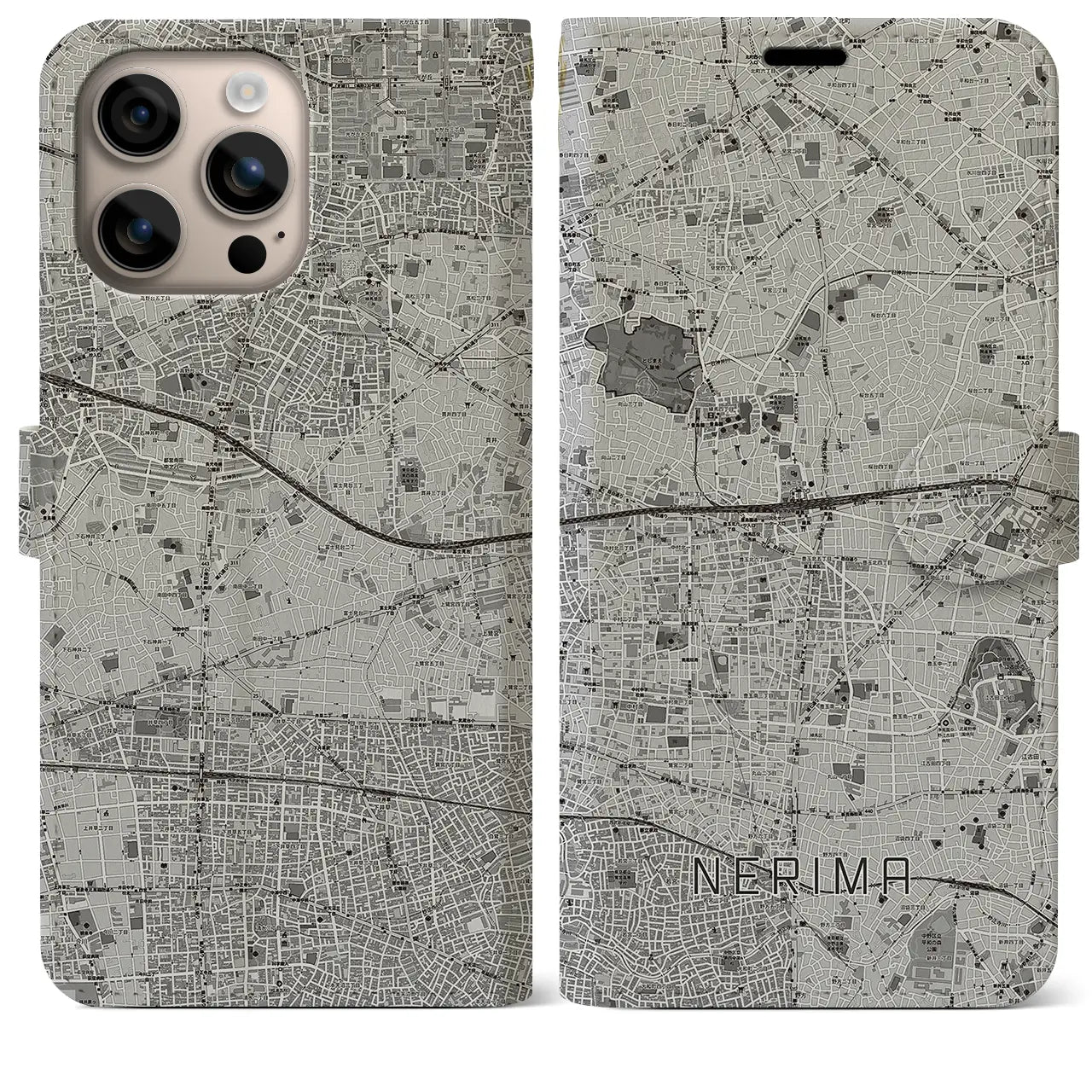 【練馬(東京都)】地図柄iPhoneケース(手帳タイプ)モノトーン・iPhone 16 Plus 用