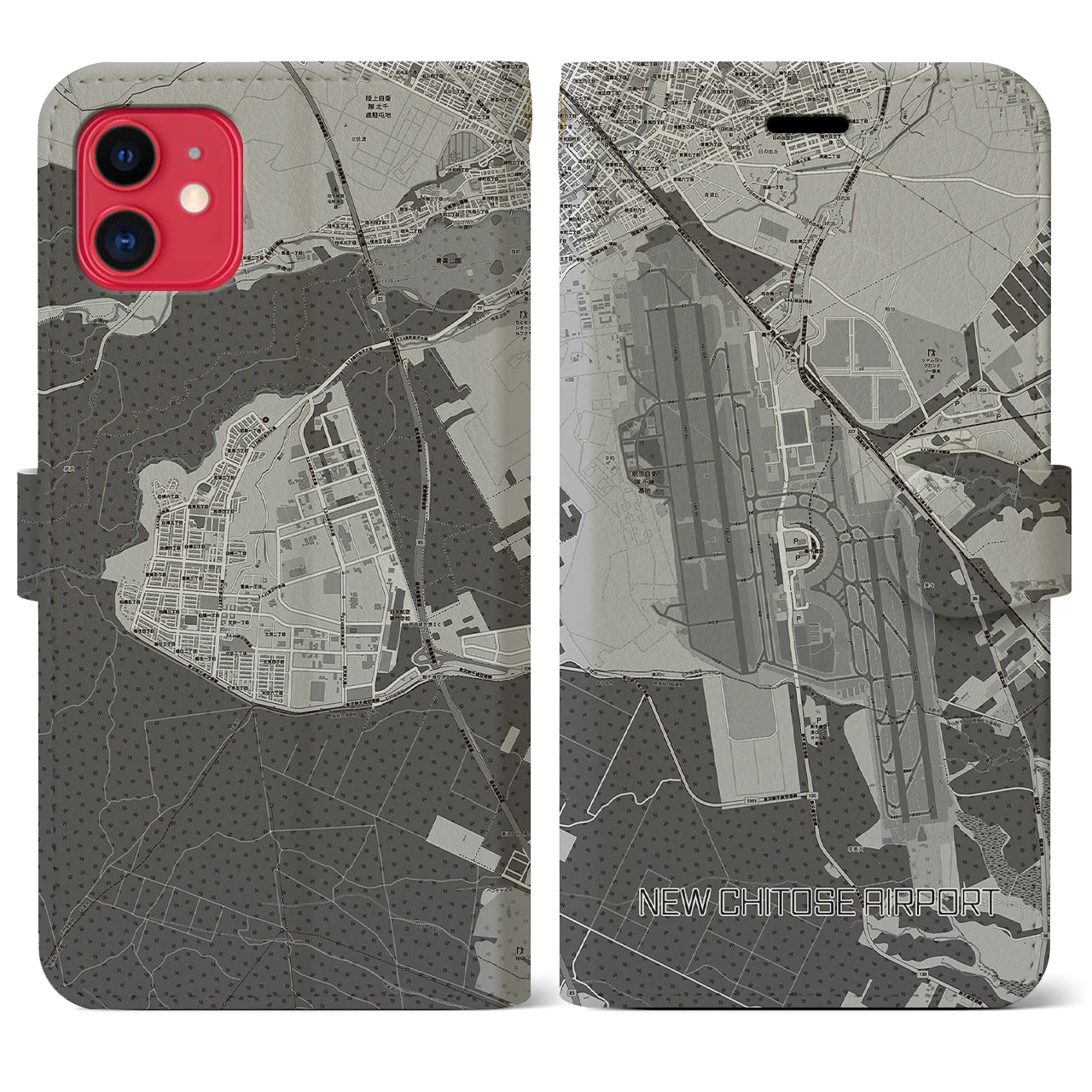 【新千歳空港(北海道)】地図柄iPhoneケース(手帳タイプ)モノトーン・iPhone 11 用