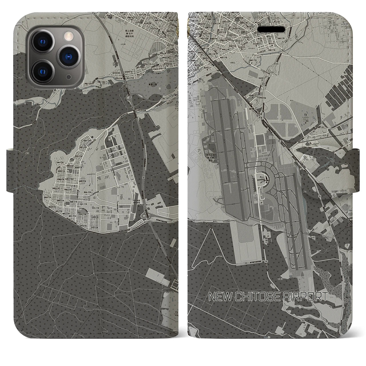 【新千歳空港(北海道)】地図柄iPhoneケース(手帳タイプ)モノトーン・iPhone 11 Pro Max 用