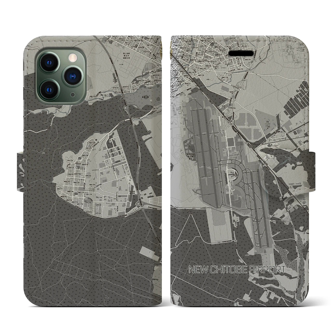 【新千歳空港(北海道)】地図柄iPhoneケース(手帳タイプ)モノトーン・iPhone 11 Pro 用