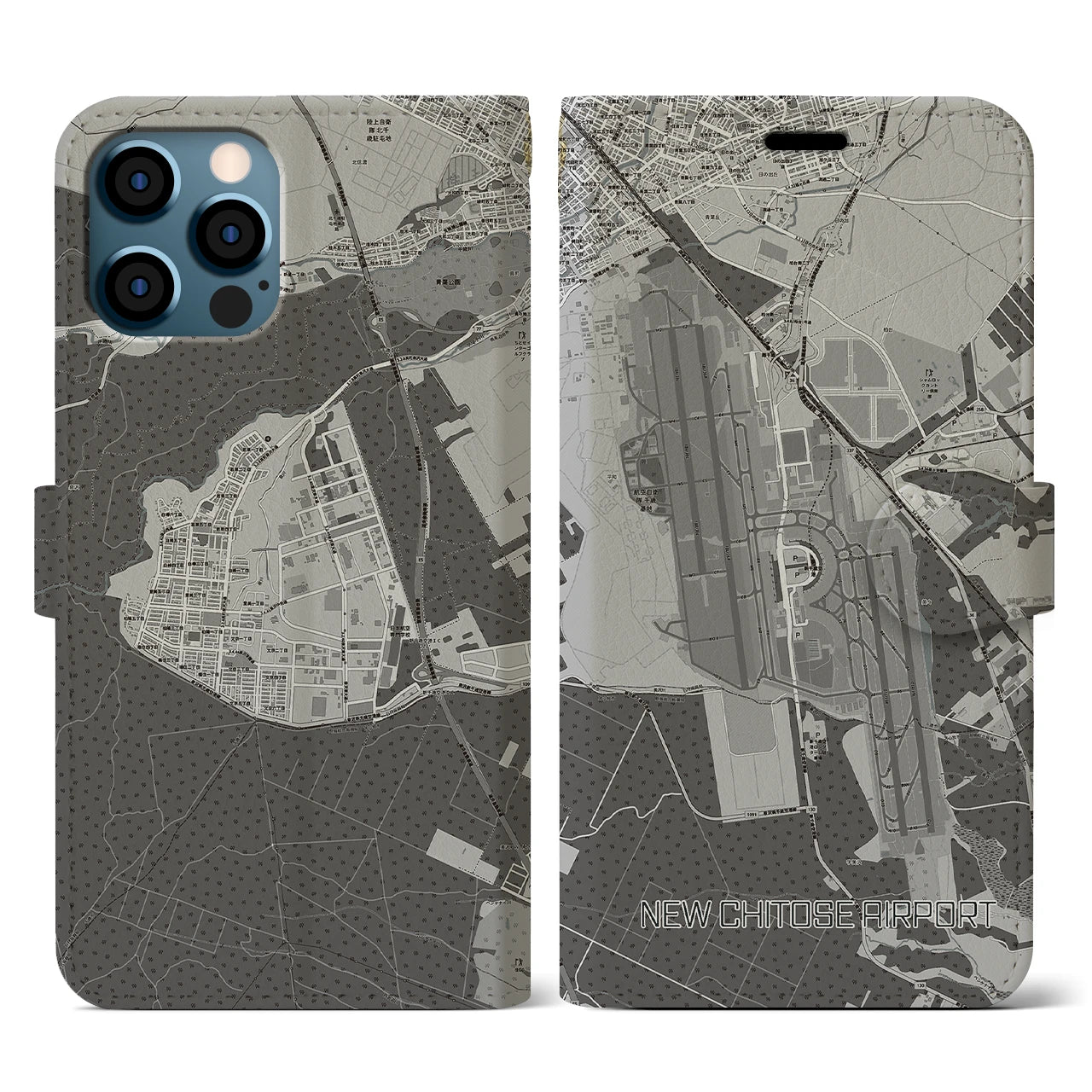 【新千歳空港(北海道)】地図柄iPhoneケース(手帳タイプ)モノトーン・iPhone 12 / 12 Pro 用