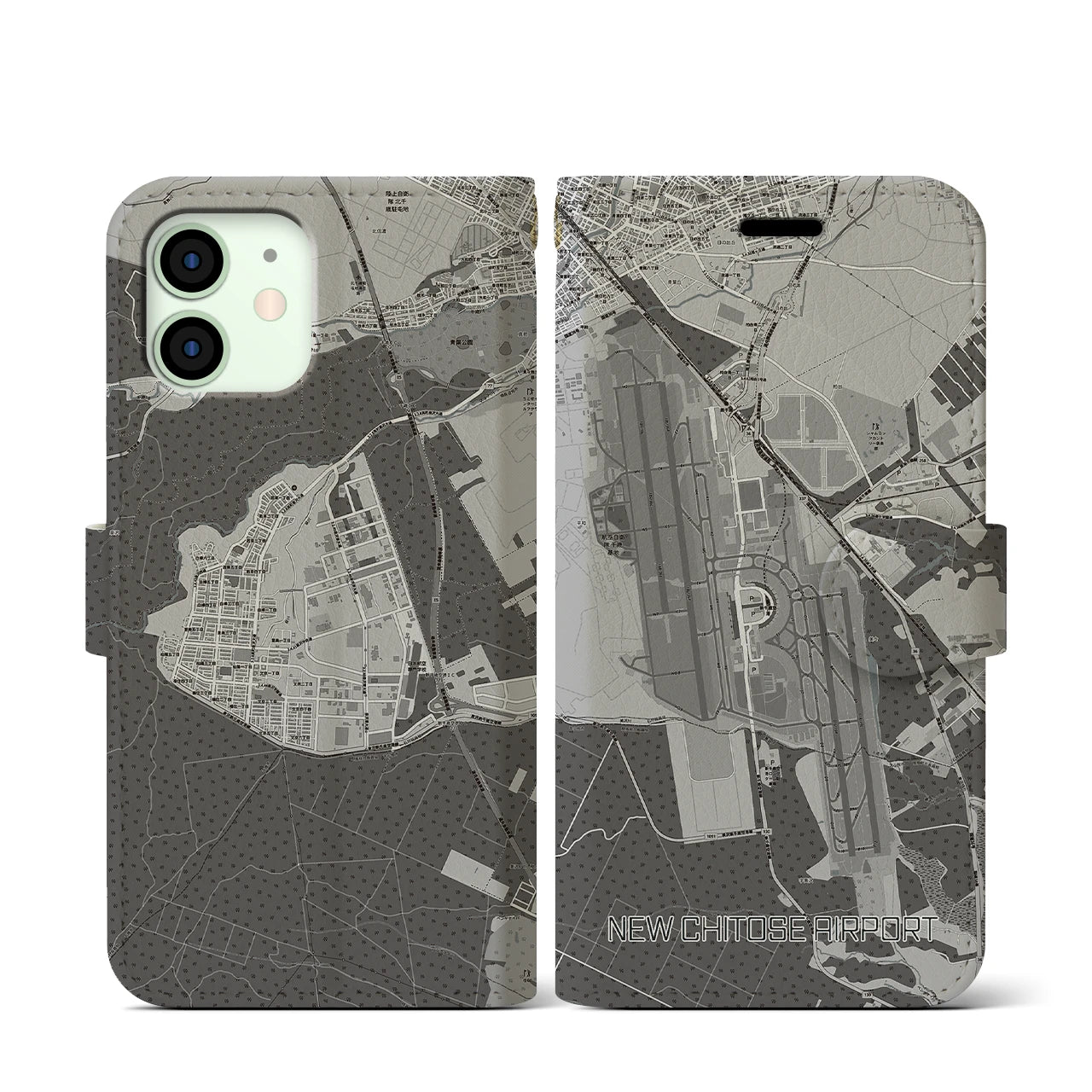 【新千歳空港(北海道)】地図柄iPhoneケース(手帳タイプ)モノトーン・iPhone 12 mini 用