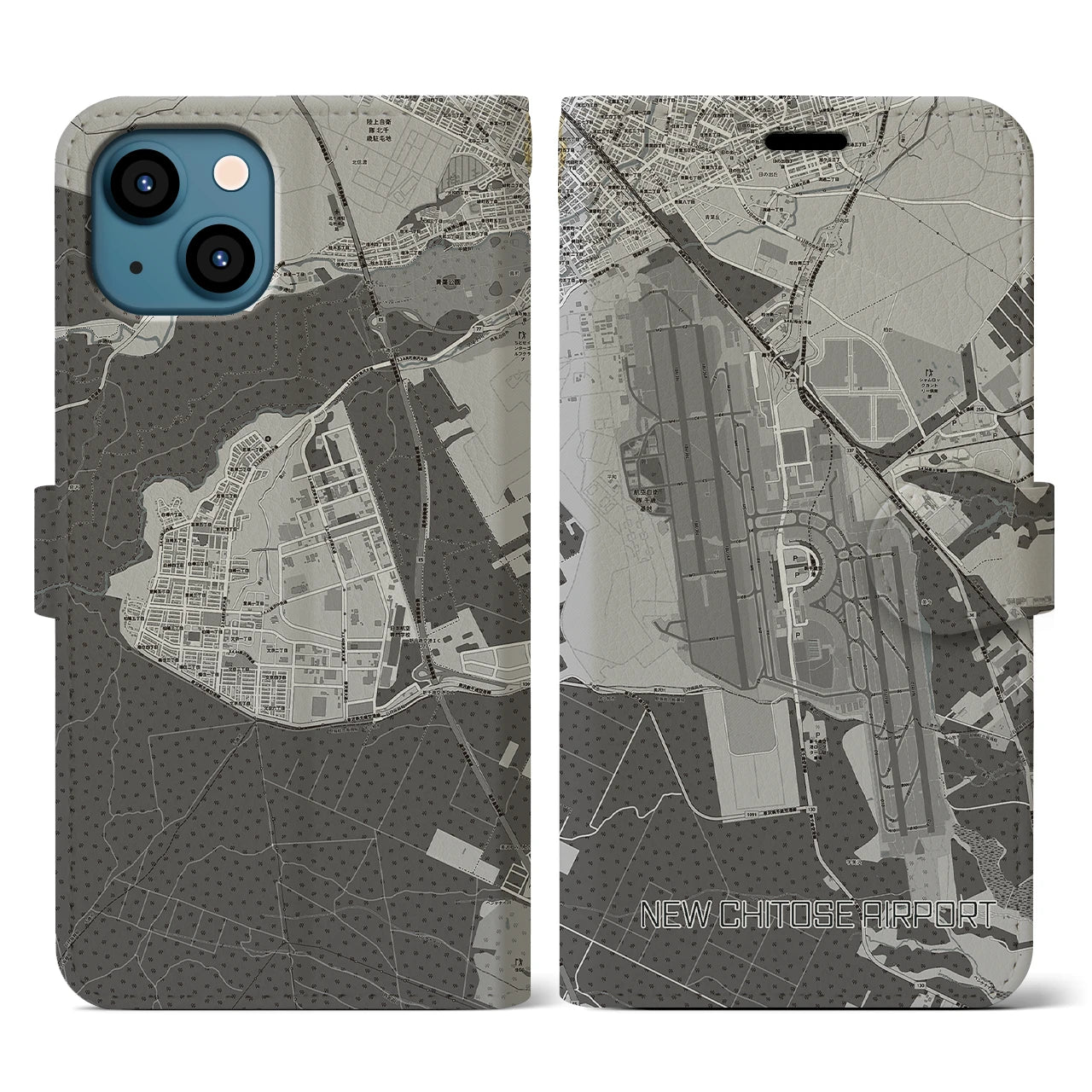 【新千歳空港(北海道)】地図柄iPhoneケース(手帳タイプ)モノトーン・iPhone 13 用