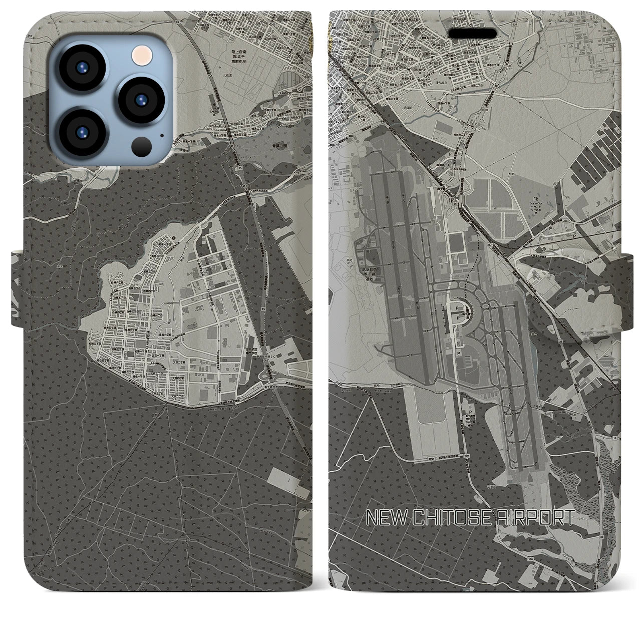 【新千歳空港(北海道)】地図柄iPhoneケース(手帳タイプ)モノトーン・iPhone 13 Pro Max 用