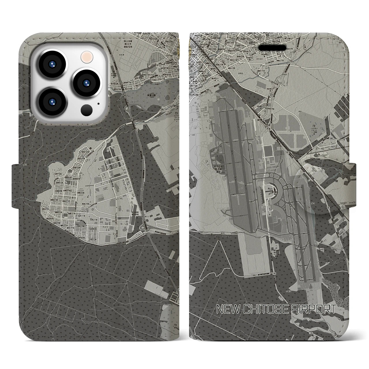 【新千歳空港(北海道)】地図柄iPhoneケース(手帳タイプ)モノトーン・iPhone 13 Pro 用