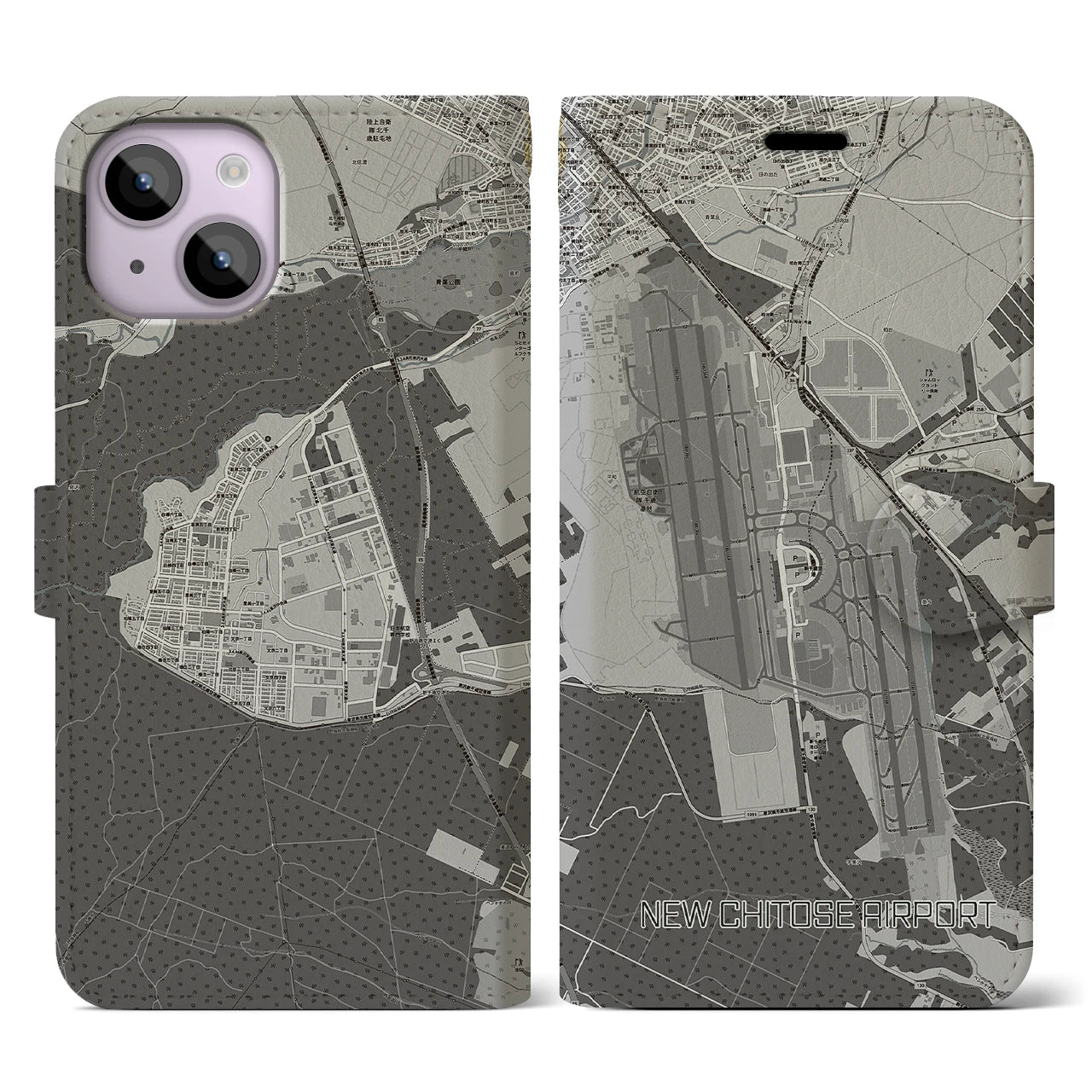 【新千歳空港(北海道)】地図柄iPhoneケース(手帳タイプ)モノトーン・iPhone 14 用