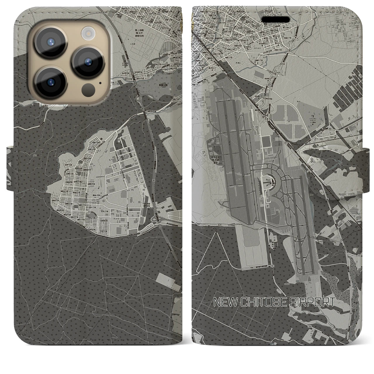 【新千歳空港(北海道)】地図柄iPhoneケース(手帳タイプ)モノトーン・iPhone 14 Pro Max 用