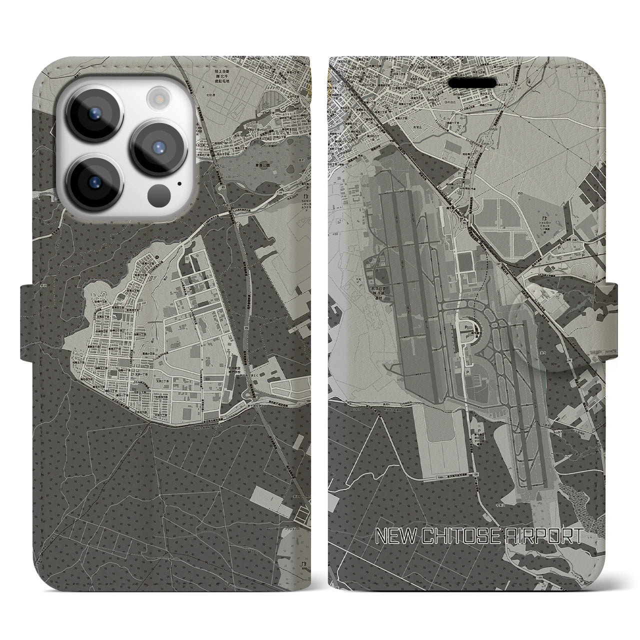 【新千歳空港(北海道)】地図柄iPhoneケース(手帳タイプ)モノトーン・iPhone 14 Pro 用