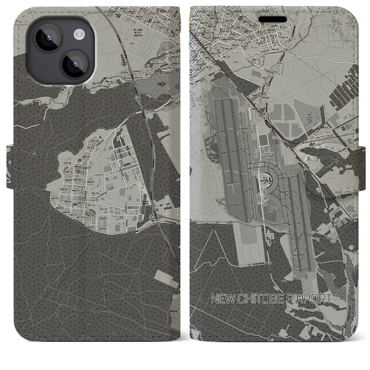 【新千歳空港(北海道)】地図柄iPhoneケース(手帳タイプ)モノトーン・iPhone 14 Plus 用