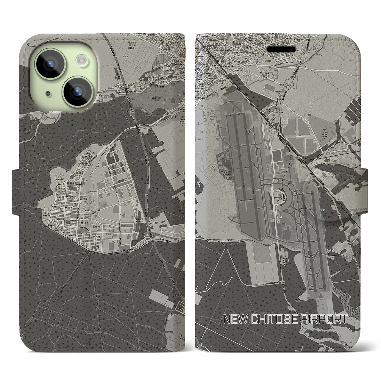 【新千歳空港(北海道)】地図柄iPhoneケース(手帳タイプ)モノトーン・iPhone 15 用