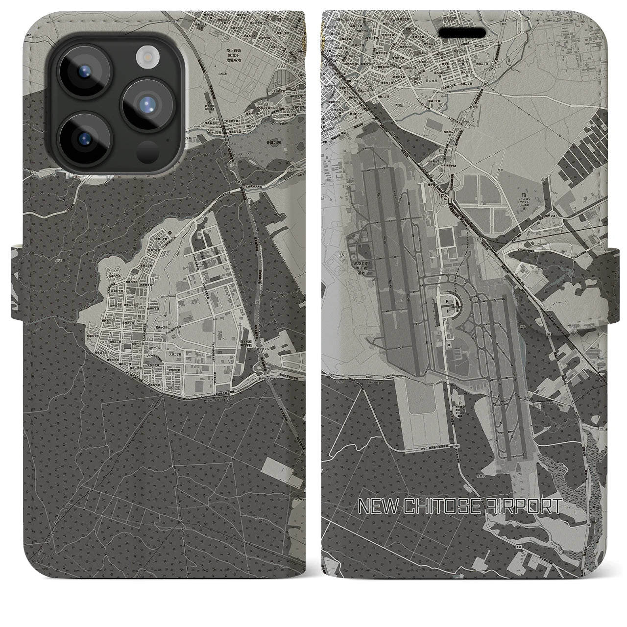 【新千歳空港(北海道)】地図柄iPhoneケース(手帳タイプ)モノトーン・iPhone 15 Pro Max 用
