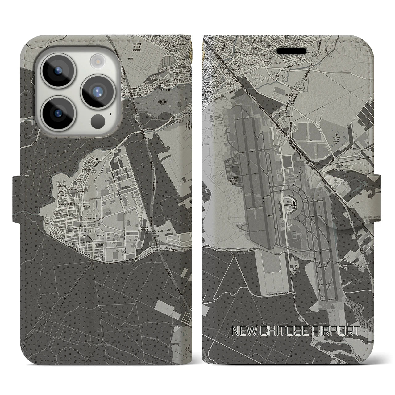 【新千歳空港(北海道)】地図柄iPhoneケース(手帳タイプ)モノトーン・iPhone 15 Pro 用