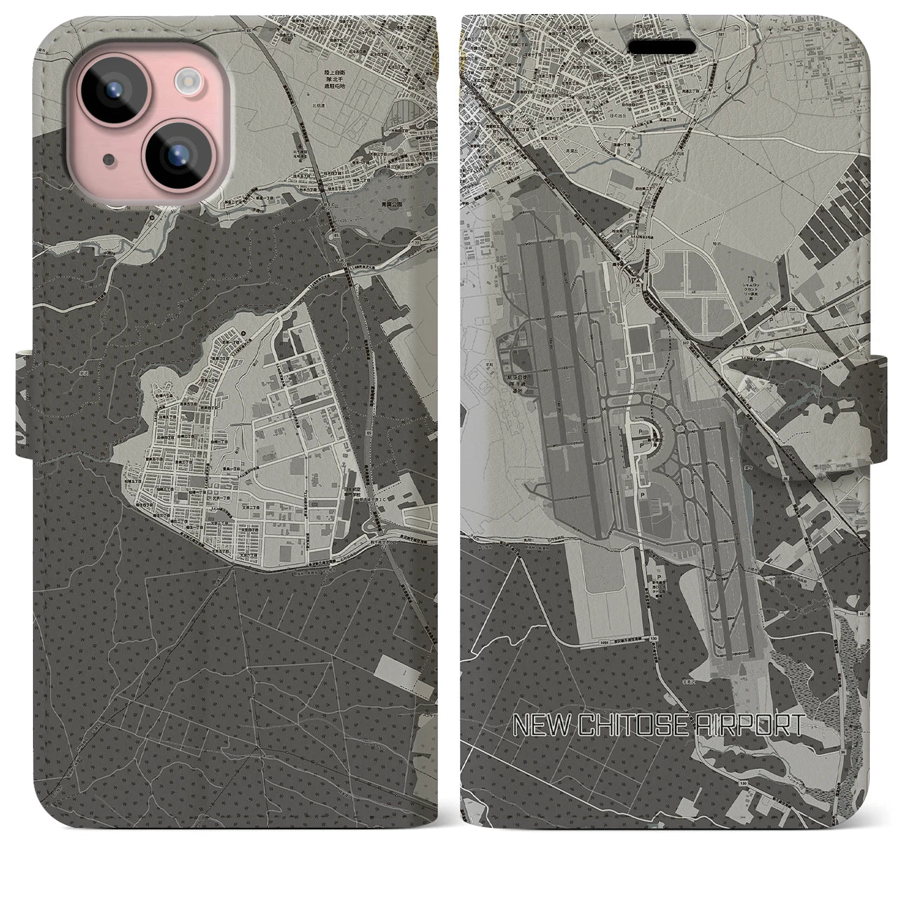 【新千歳空港(北海道)】地図柄iPhoneケース(手帳タイプ)モノトーン・iPhone 15 Plus 用