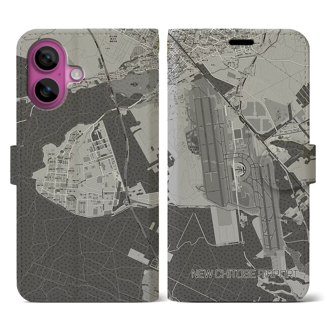 【新千歳空港(北海道)】地図柄iPhoneケース(手帳タイプ)モノトーン・iPhone 16 Pro 用