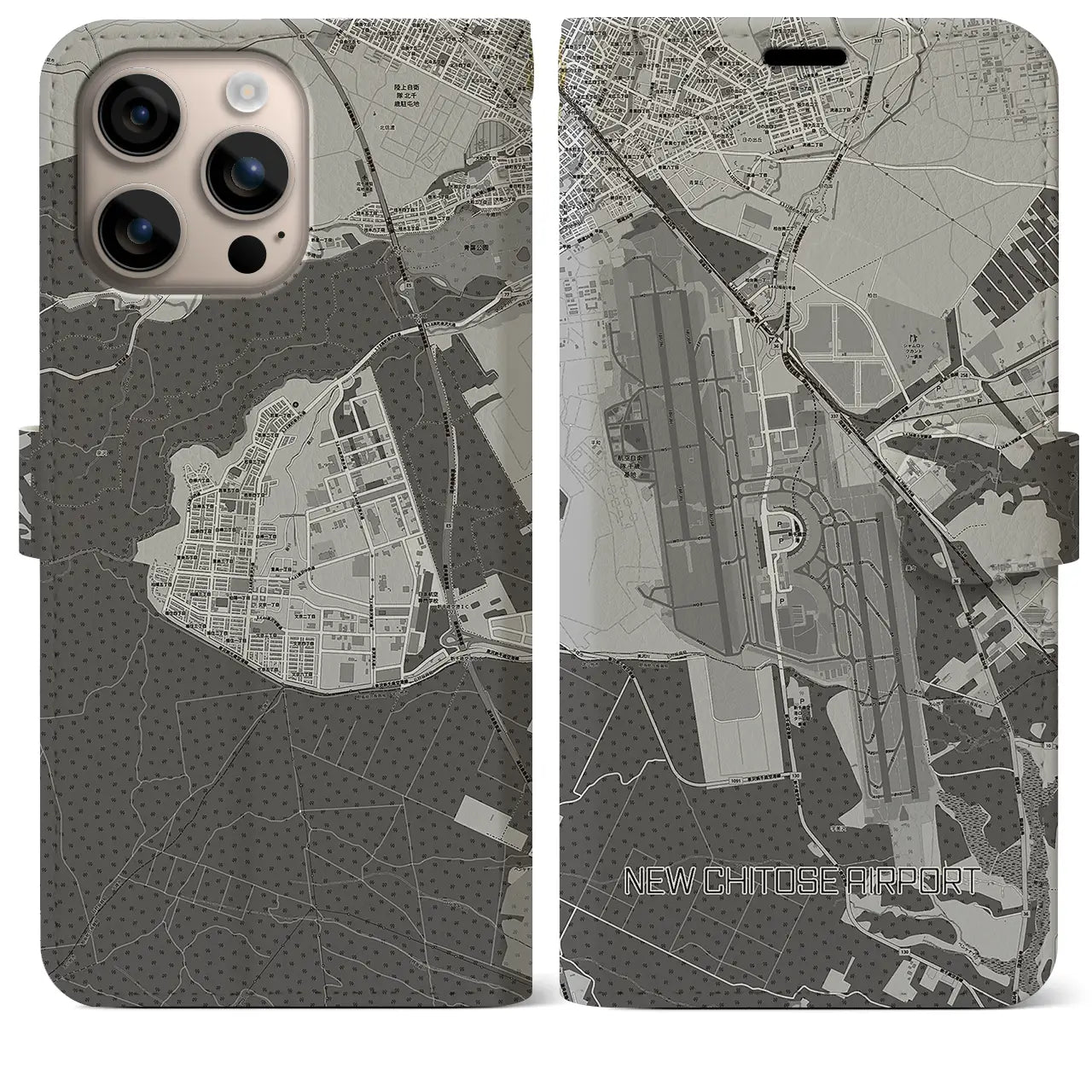 【新千歳空港(北海道)】地図柄iPhoneケース(手帳タイプ)モノトーン・iPhone 16 Plus 用