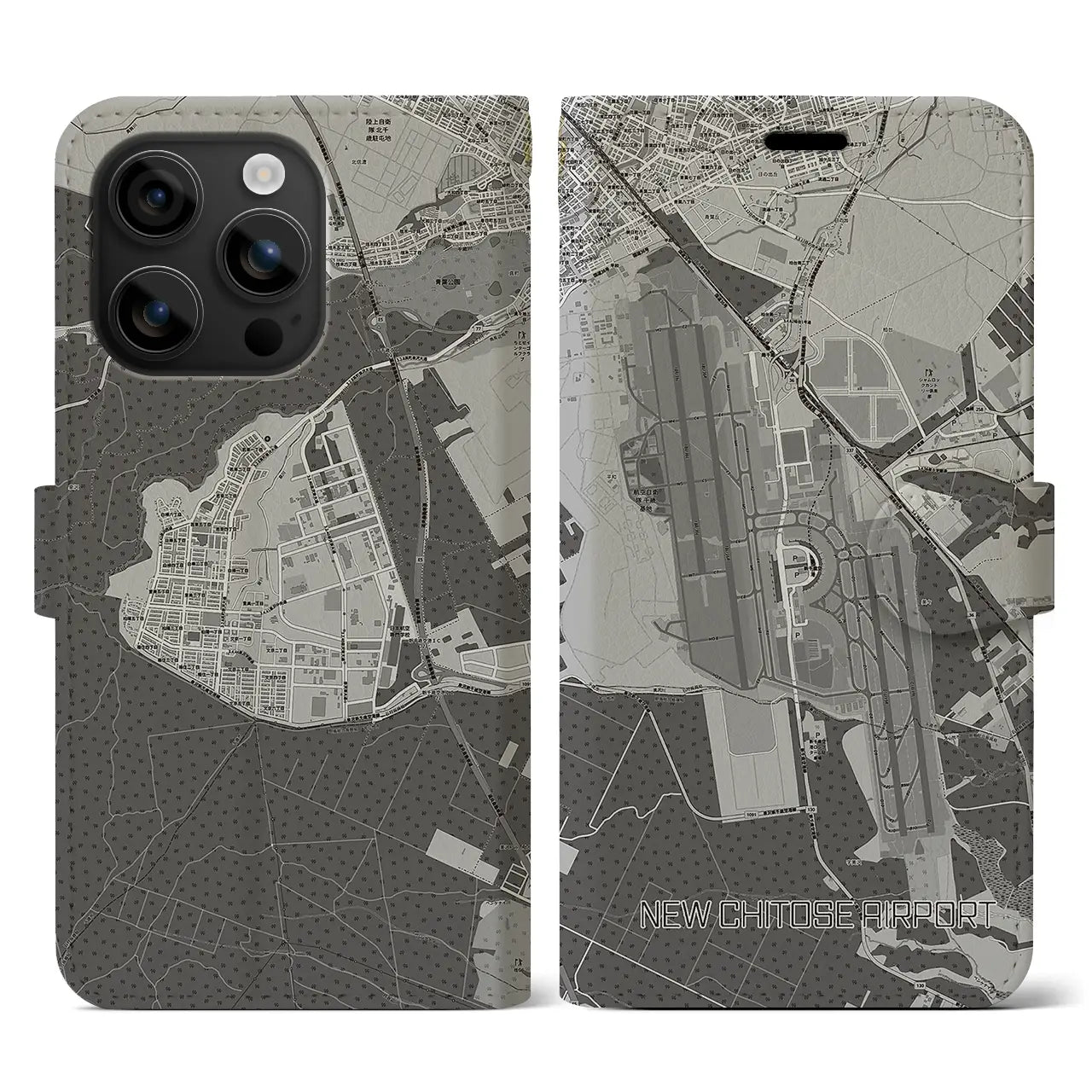 【新千歳空港(北海道)】地図柄iPhoneケース(手帳タイプ)モノトーン・iPhone 16 用