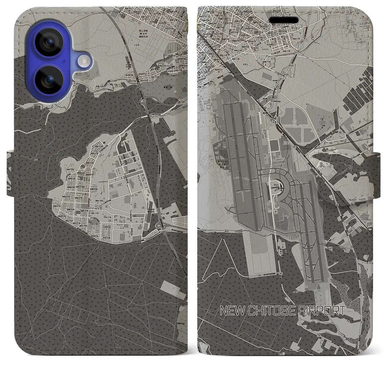 【新千歳空港(北海道)】地図柄iPhoneケース(手帳タイプ)モノトーン・iPhone 16 Pro Max 用