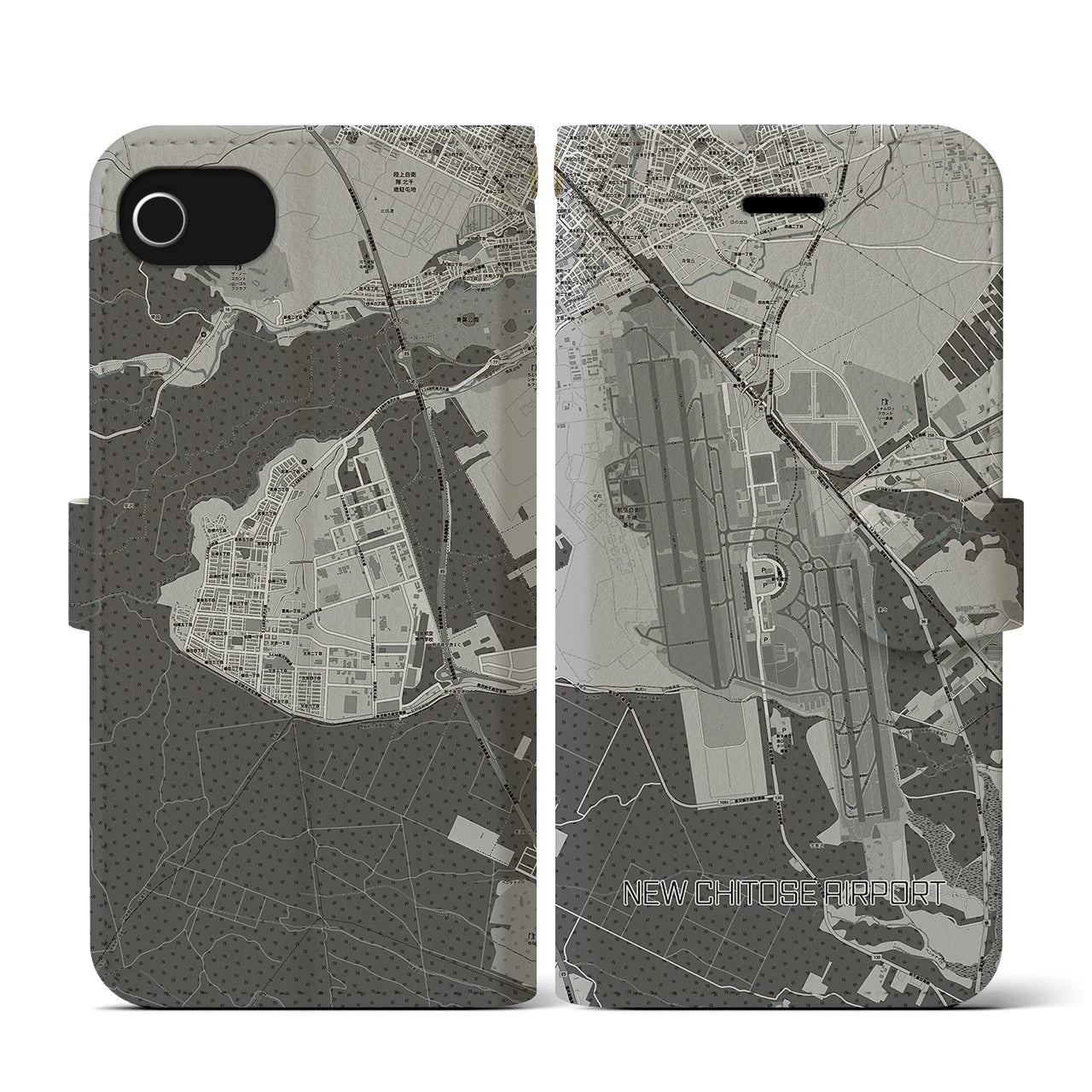 【新千歳空港(北海道)】地図柄iPhoneケース(手帳タイプ)モノトーン・iPhone SE(第3 / 第2世代) / 8 / 7 / 6s / 6 用