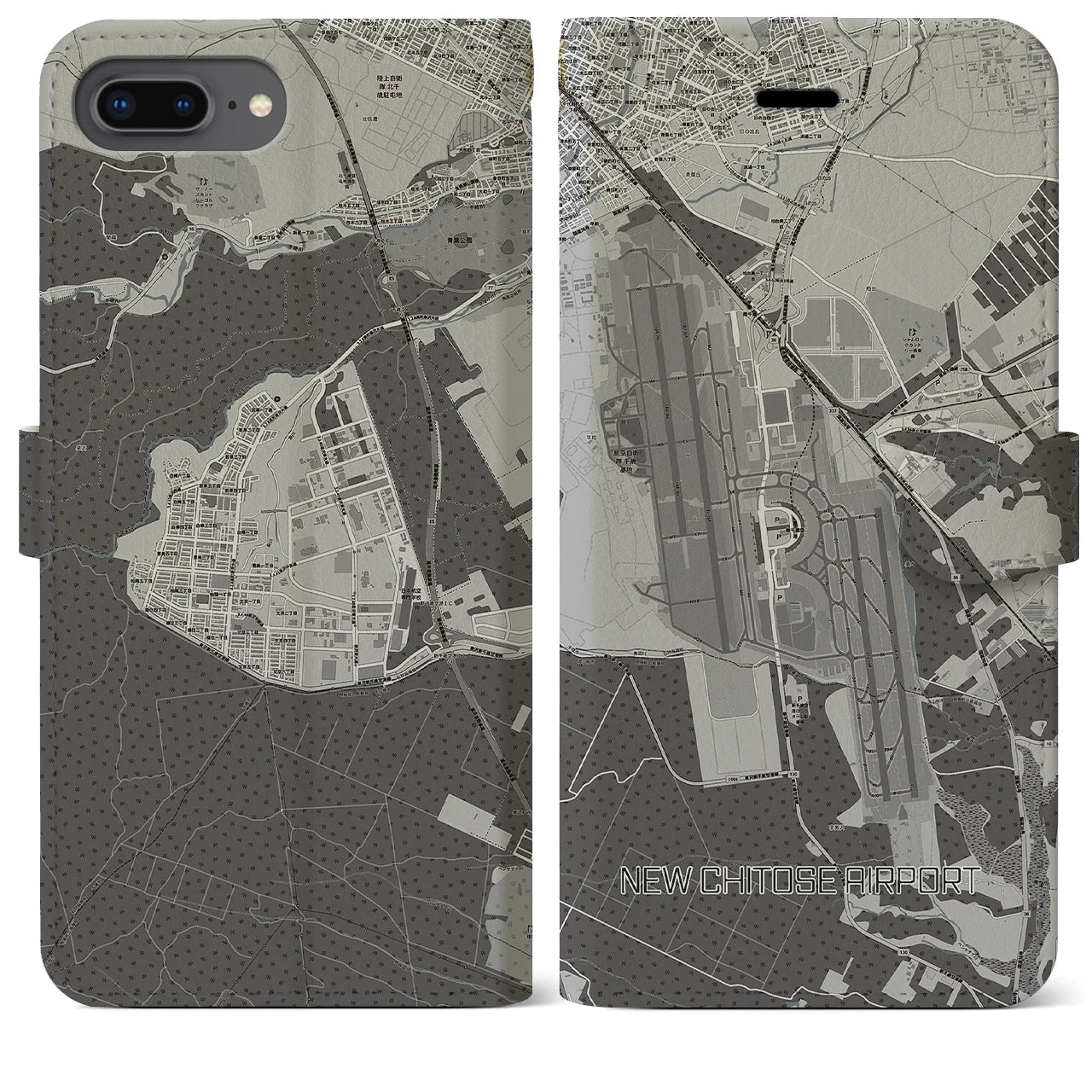 【新千歳空港(北海道)】地図柄iPhoneケース(手帳タイプ)モノトーン・iPhone 8Plus /7Plus / 6sPlus / 6Plus 用