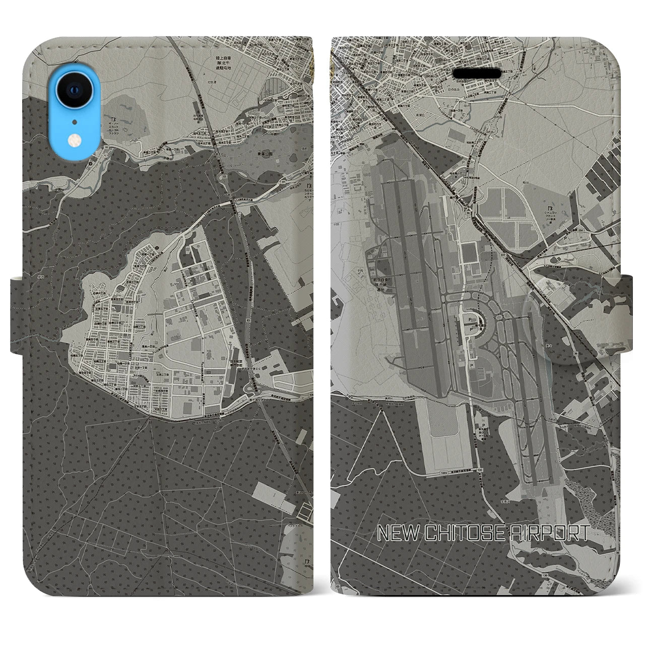 【新千歳空港(北海道)】地図柄iPhoneケース(手帳タイプ)モノトーン・iPhone XR 用