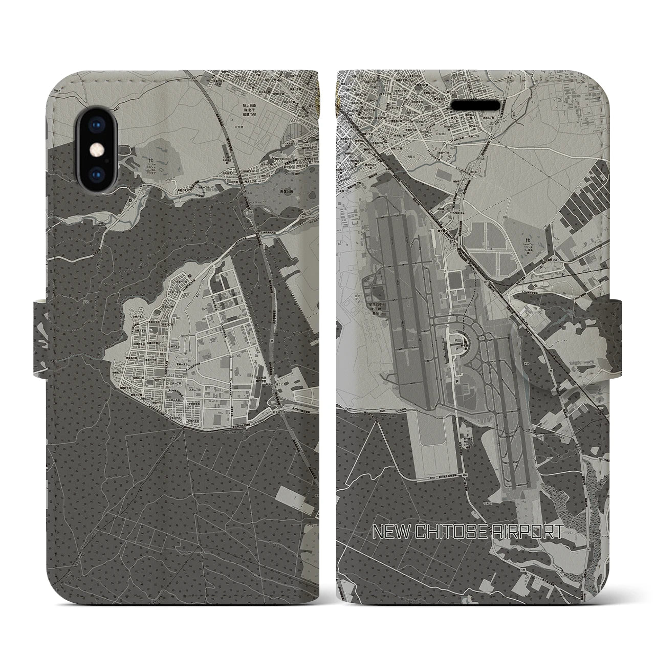 【新千歳空港(北海道)】地図柄iPhoneケース(手帳タイプ)モノトーン・iPhone XS / X 用