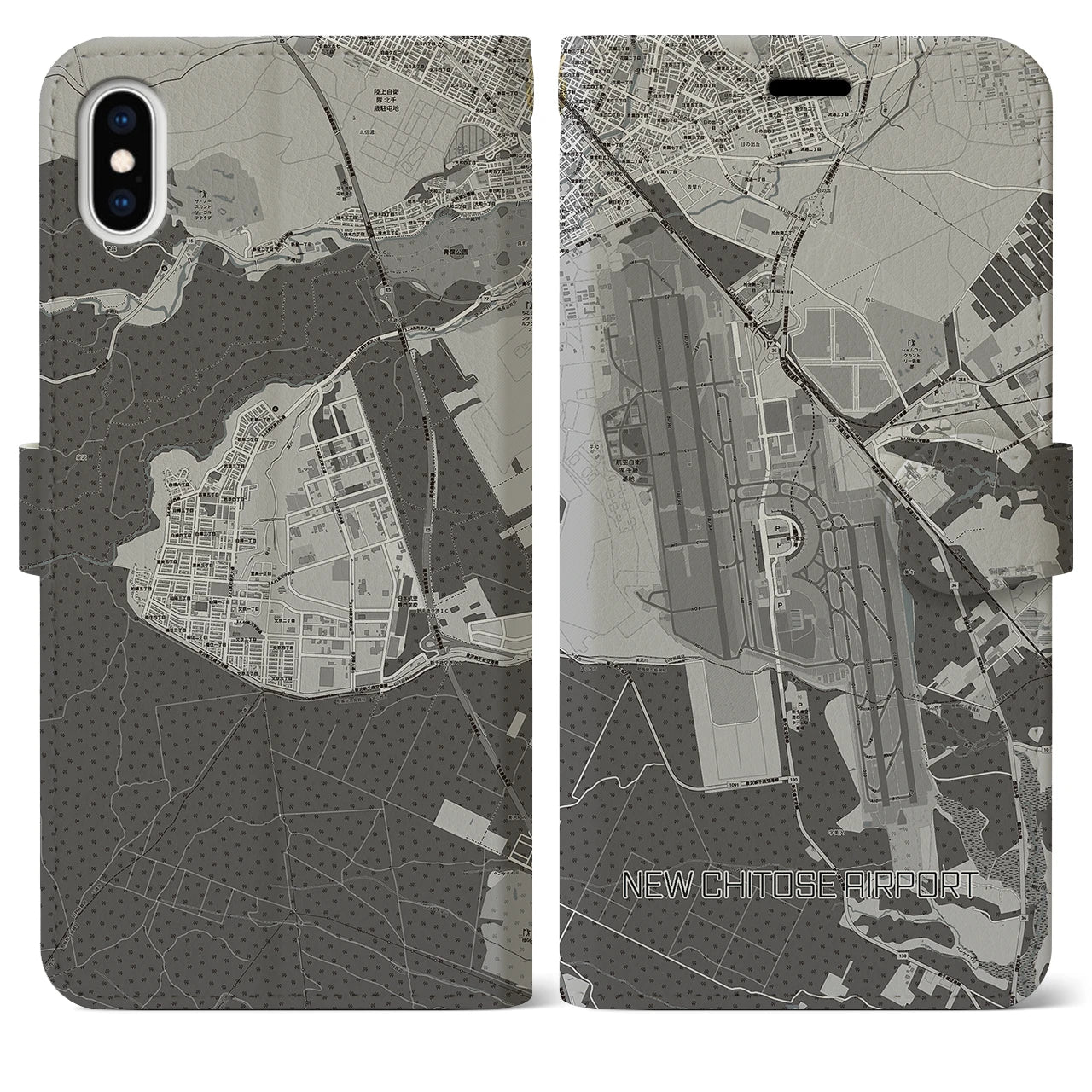 【新千歳空港(北海道)】地図柄iPhoneケース(手帳タイプ)モノトーン・iPhone XS Max 用