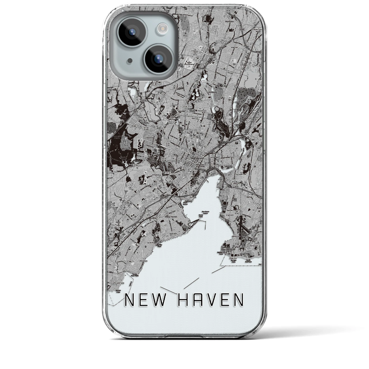 【ニューヘイブン(アメリカ)】地図柄iPhoneケース(クリアタイプ)モノトーン・iPhone 15 Plus 用