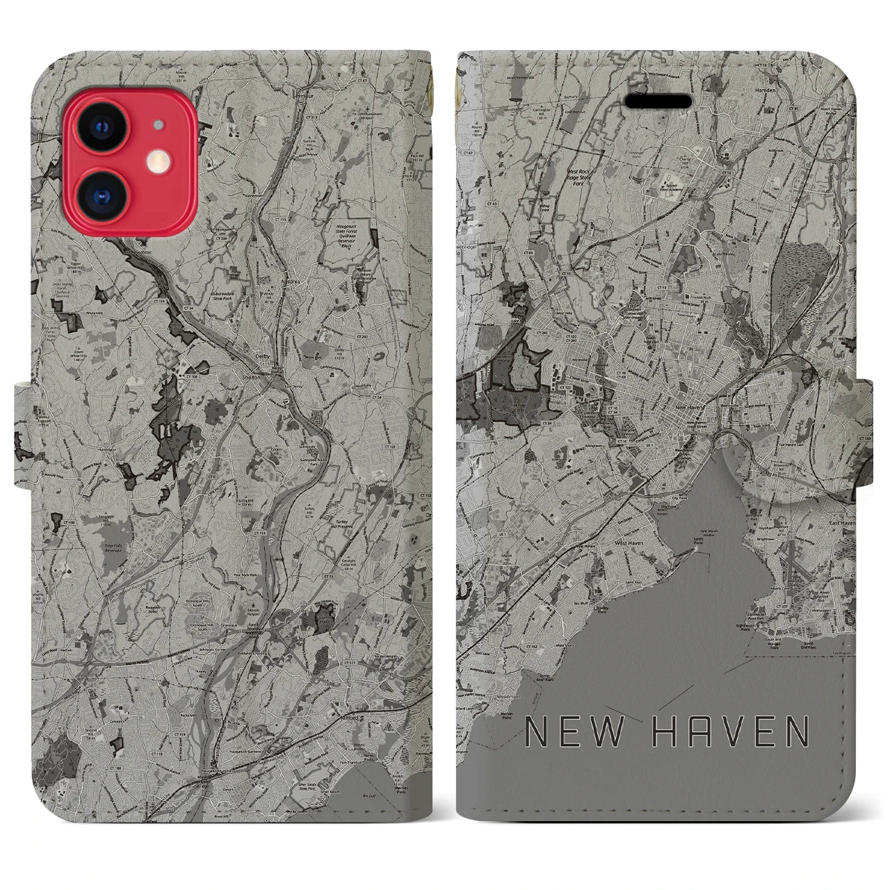 【ニューヘイブン(アメリカ)】地図柄iPhoneケース(手帳タイプ)モノトーン・iPhone 11 用