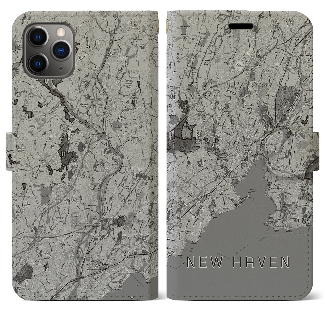 【ニューヘイブン(アメリカ)】地図柄iPhoneケース(手帳タイプ)モノトーン・iPhone 11 Pro Max 用