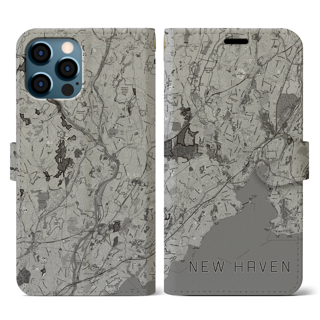 【ニューヘイブン(アメリカ)】地図柄iPhoneケース(手帳タイプ)モノトーン・iPhone 12 / 12 Pro 用