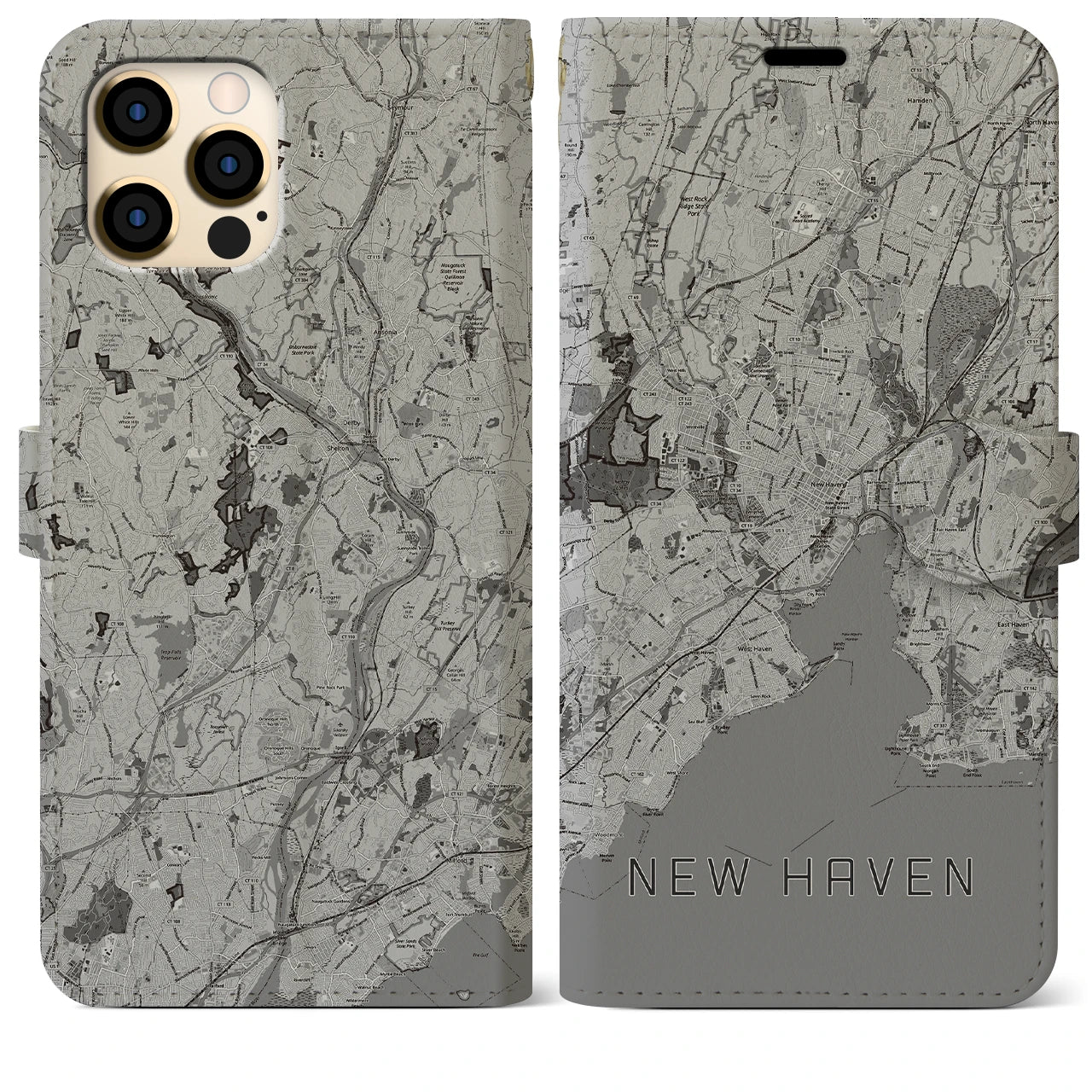 【ニューヘイブン(アメリカ)】地図柄iPhoneケース(手帳タイプ)モノトーン・iPhone 12 Pro Max 用